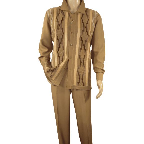 Men Silversilk 2pc Fancy walking leisure suit Italian woven knits 4407 Cafe Tan