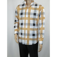 Men's Sports Shirt By Moderno Plaid Fancy Silky Long Sleeves MJLS-809 White