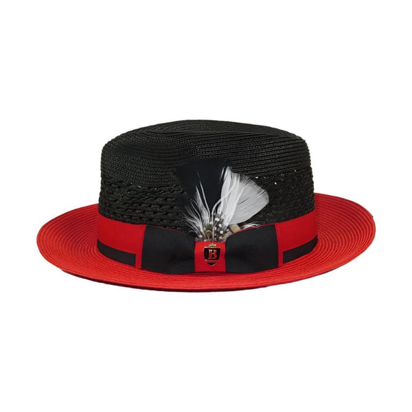 Men's Belvedere 2-Tone Straw Style Fedora Hat Snap Brim BD955 Black/Red