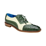 Belvedere Ostrich Quill Italian Leather Wingtip Shoes Sesto Forest/Cream - J.Valintin Men's Wear Legend - R54 - Green Cream - 9