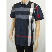 Men's Sports Shirt Clavi By Moderno Checker Plaid Short Sleeves CJSS-203 Navy