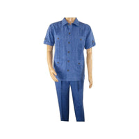 Men 2 pc Stacy Adams leisure suit guayabera traditional matching Set 2203 Blue - J.Valintin Men's Wear Legend - 96199