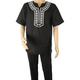 Men 2pc Stacy Adams leisure suit Linen Cotton With Embroidery 3668 Black White - J.Valintin Men's Wear Legend - 95931