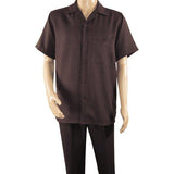 Men 2pc Walking Leisure Suit Short Sleeves By DREAMS 255 - 02 Solid Brown - J.Valintin Men's Wear Legend - 96090