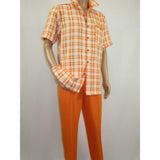 Men 2pc Walking Leisure Suit Short Sleeves DREAMS Checker 282 - 18 Orange - J.Valintin Men's Wear Legend - 282 - 18 Orange - M