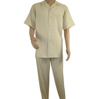 Men 2pc Walking Leisure Suit Short Sleeves DREAMS Plaid Satin 253 - 13 Sand - J.Valintin Men's Wear Legend - 253 - 13 Sand - M