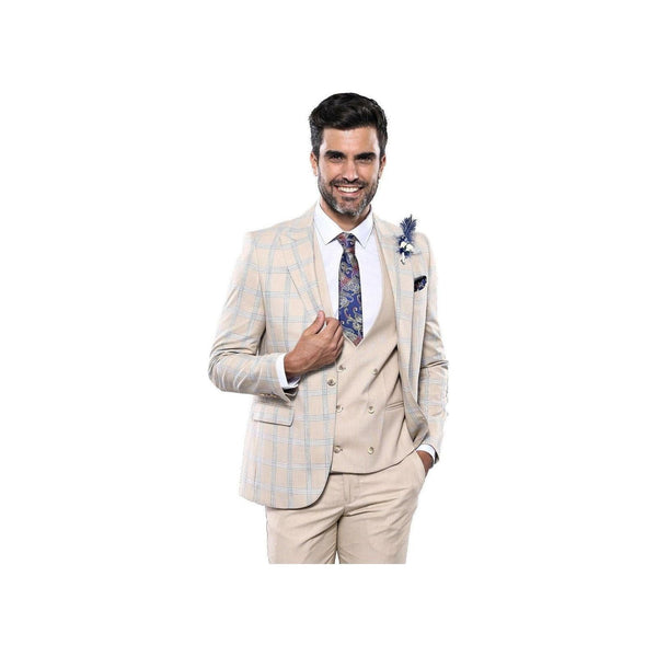 Men 3pc European Vested Suit WESSI by J.VALINTIN Extra Slim Fit JV31 Beige plaid - J.Valintin Men's Wear Legend - 16866