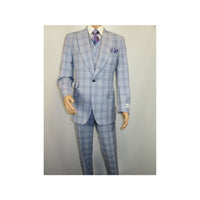 Men Apollo King 3pc Suit Window Pane Plaid 100% Soft Wool Super 150 #985 - 12 Blue - J.Valintin Men's Wear Legend - 99457