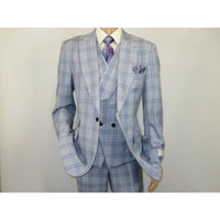 Men Apollo King 3pc Suit Window Pane Plaid 100% Soft Wool Super 150 #985 - 12 Blue - J.Valintin Men's Wear Legend - 99457