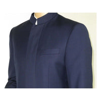 Men Apollo King Banded Collarless suit Mandarin 5 Hidden Button Panel AG52 Navy - J.Valintin Men's Wear Legend - 21764