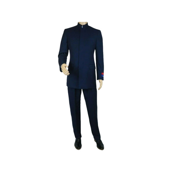 Men Apollo King Banded Collarless suit Mandarin 5 Hidden Button Panel AG52 Navy - J.Valintin Men's Wear Legend - 21764