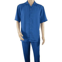 Men INSERCH 2pc Walking Leisure Suit Shirt Pants Set Short Sleeves 9356 Blue - J.Valintin Men's Wear Legend - 94152