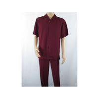 Men INSERCH 2pc Walking Leisure Suit Shirt Pants Set Short Sleeves 9356 Burgundy - J.Valintin Men's Wear Legend - 94144