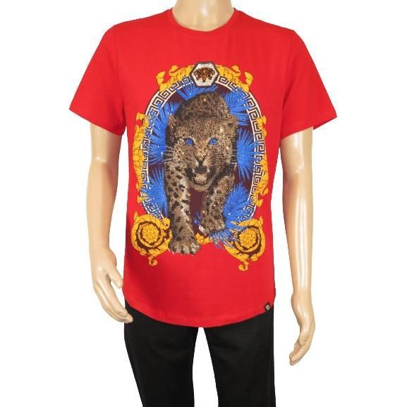 Men LAVERITA European Fashion Crew Shirt Short Sleeve Lion Medallion 93357 Red - J.Valintin Men's Wear Legend - 99963