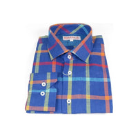 Men Linen Sports Shirt By INSERCH English Plaid European 2905 Blue Multi Checker - J.Valintin Men's Wear Legend - 94087