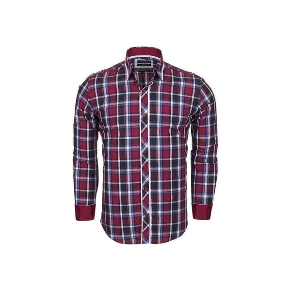 Men Makrom Turkey Soft Cotton Shirt 5403 - 02 English Plaid Wine Blue Slim Fit New - J.Valintin Men's Wear Legend - 3033