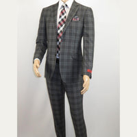 Men RENOIR Suit Two Button Business Formal Slim Fit 294 - 15 Gray English Plaid - J.Valintin Men's Wear Legend - 97670