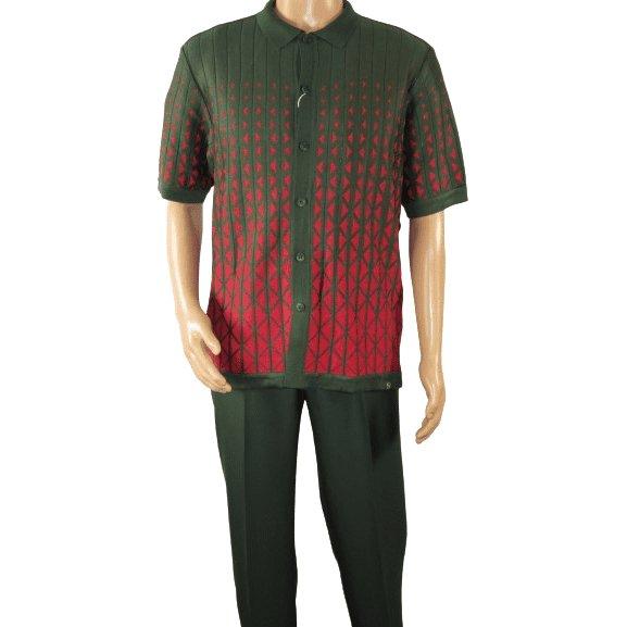 Men Silversilk 2pc walking leisure suit Italian woven knits 3115 Green Red - J.Valintin Men's Wear Legend - 95681