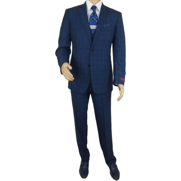 Mens Renoir 3 Piece Vested Suit Glenn Plaid Notch Lapel Business 278 - 2 Navy Blue - J.Valintin Men's Wear Legend - 21737