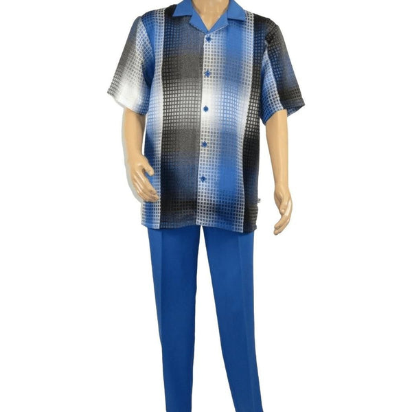 Men's Stacy Adams 2pc Walking Leisure Suit Fancy Short Sleeves 75029 Blue - J.Valintin Men's Wear Legend - 75029 - Blue - M