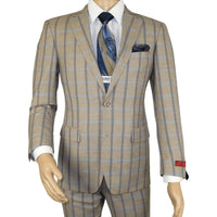 Mens Suit by RENOIR English Plaid Window Pane European Business 291 - 5 Beige blue - J.Valintin Men's Wear Legend - 32127