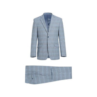 Mens Suit RENOIR English Plaid Window Pane Stretch Slim Fit Comfort 293 - 3 Blue - J.Valintin Men's Wear Legend - 93923