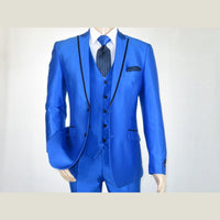 Mens Tuxedo Formal Suit ROYAL DIAMOND Slim Fit 3Pc Vested shiny Satin SL83 Blue - J.Valintin Men's Wear Legend - 8137