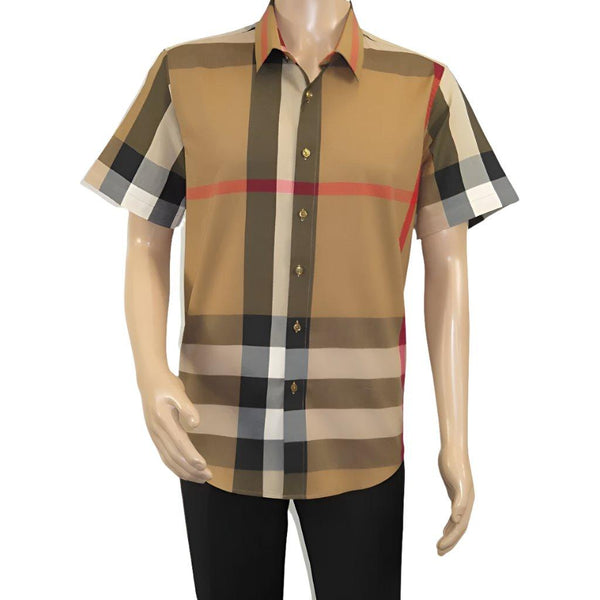 Men's Sports Shirt By Moderno Checker Plaid Short Sleeves MJSS-203 Camel